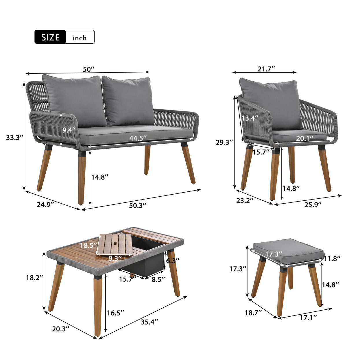 K&K 6 Piece Rope Patio Furniture Set, Outdoor Furniture With Acacia Wood Cool Bar Table With Ice Bucketdeep Seat Patio Conversation Set With Two Stools For Backyard Porch Balcony Grey Yes Complete Patio Set Grey Weather Resistant Frame Fade Resistant