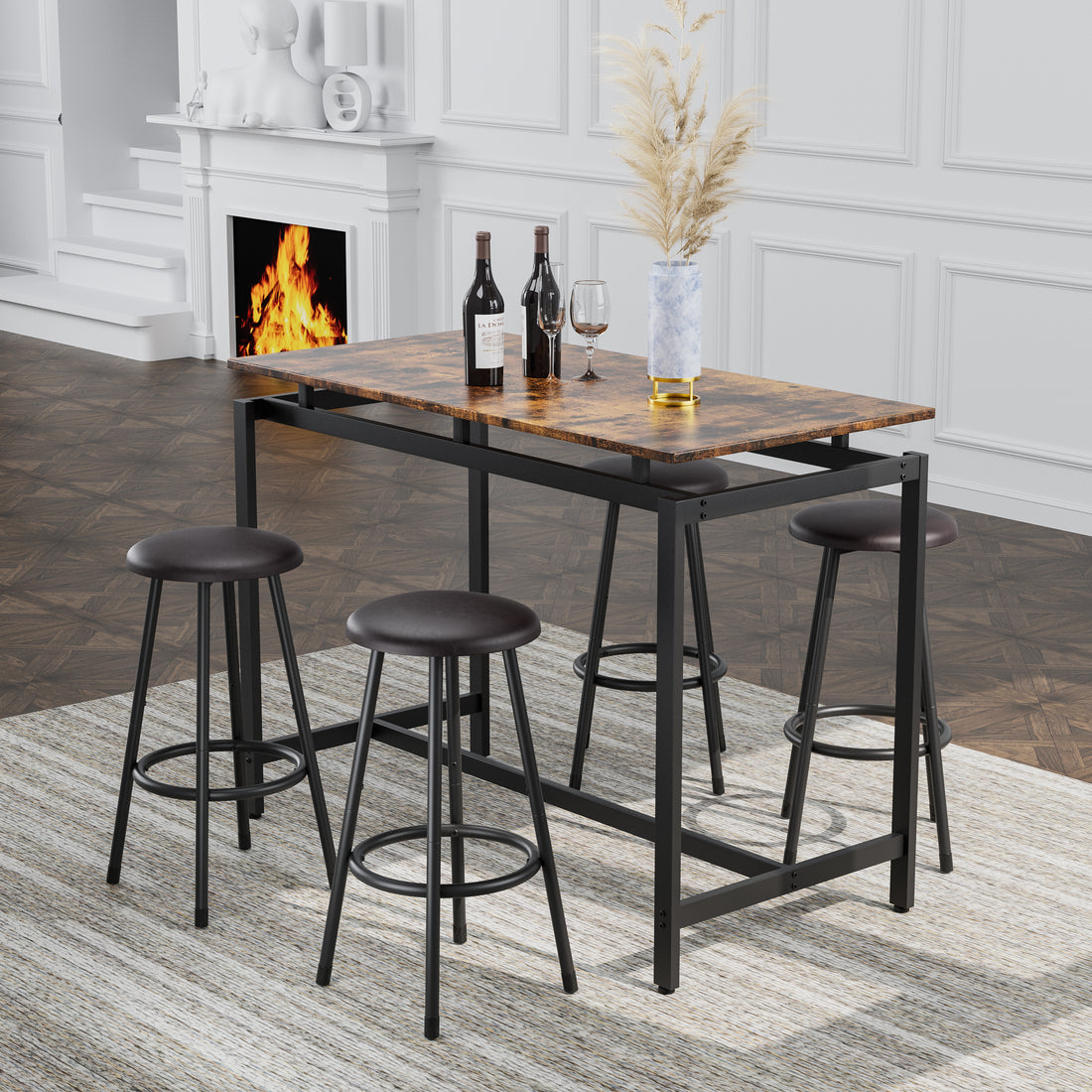 5 Piece Kitchen Counter Height Table Set, Bar Table With 4 Stools Brown Seats 4 Mdf