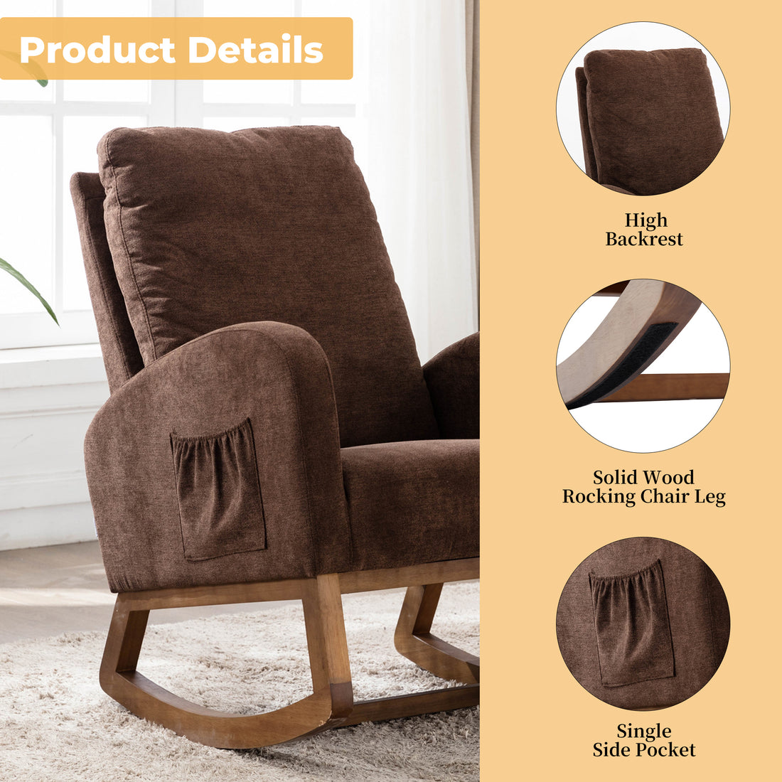 Coolmore Rocking Chair, Modern Glider Chair, Recliner Armchair With Wood Legs And Side Pocket, Nursery Rocking Accent Chair With High Back For Living Room Bedroom Coffee Linen Coffee Foam Solid Wood