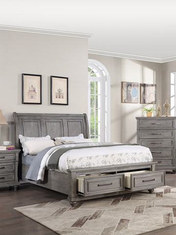 Eastern King Size Bed W Under Bed Drawer Vintage Look Gray Color Beautiful Panel 1Pc Bedframe Bedroom Box Spring Required King Antique Gray,Gray Wood Bedroom Contemporary,Modern,Transitional Storage