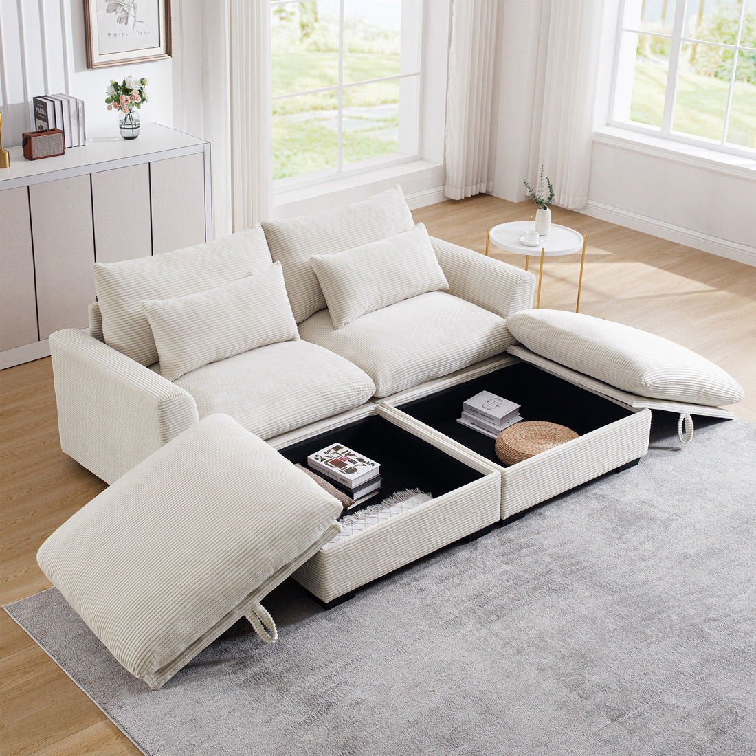 Corduroy Two Seater Sofa With 2 Storage Footrest, 2 Seater Sectional Deep Seat Sofa,Comfy Couches For Living Room ,Beige Sofa Beige Corduroy 2 Seat