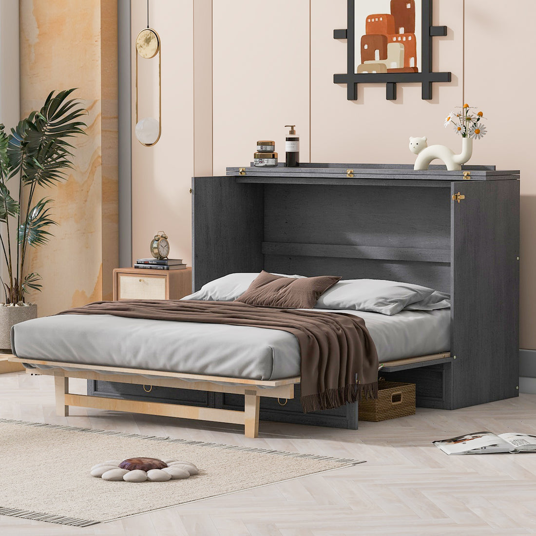 Queen Murphy Bed With Large Drawers,Gray Queen Gray Plywood