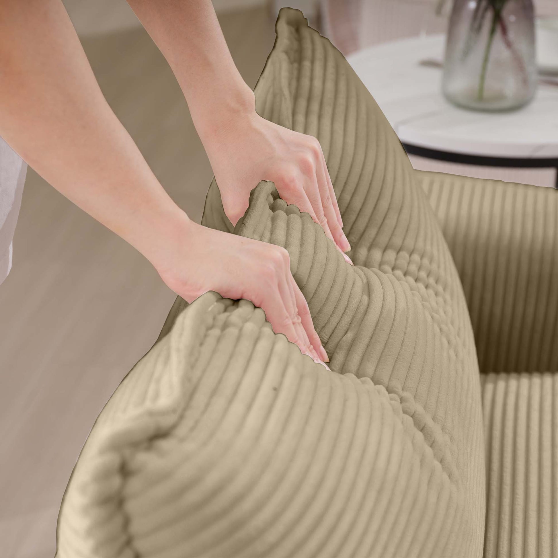 Corduroy Two Seater Sofa With 1 Footrest, L Shaped 2 Seater Sofa With Ottoman For Small Living Spaces, Tan Corduroy Sofa Tan Corduroy 2 Seat