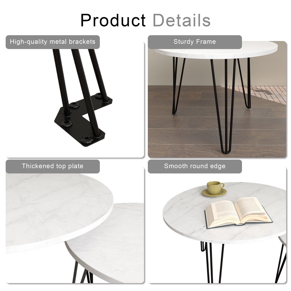 27.56'' Round Nesting Coffee Table Set Of 2, Circular Nesting End Table Set, Round Marble Tabletop, And Sturdy Metal Base For Living Room, Bedroom, White White Round Wood Metal