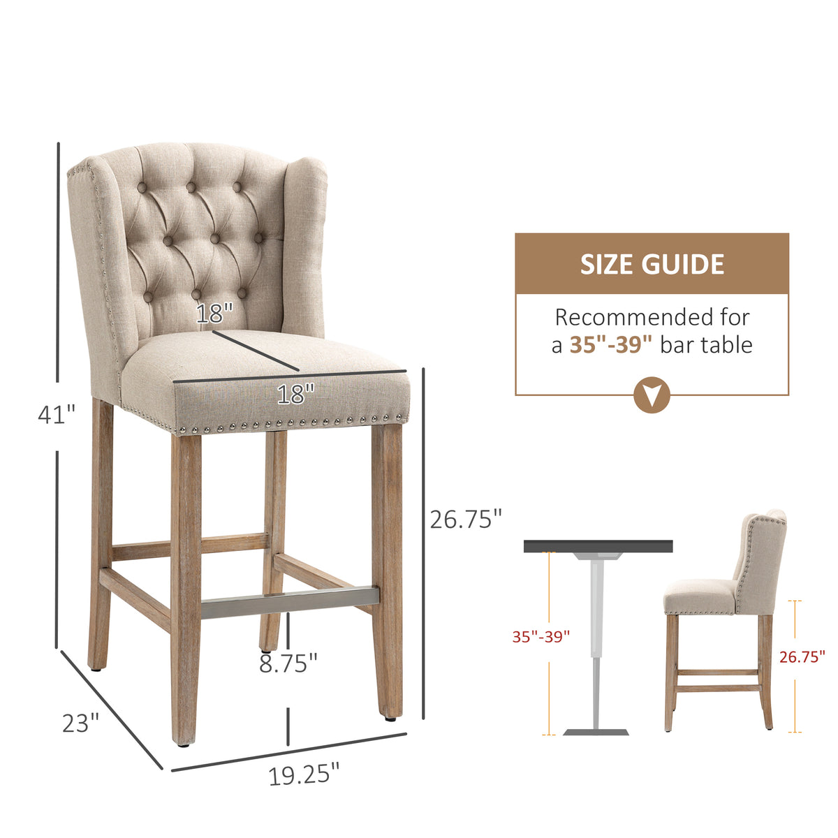 Homcom Counter Height Bar Stools Set Of 2 With Wood Legs, Beige Beige Polyester