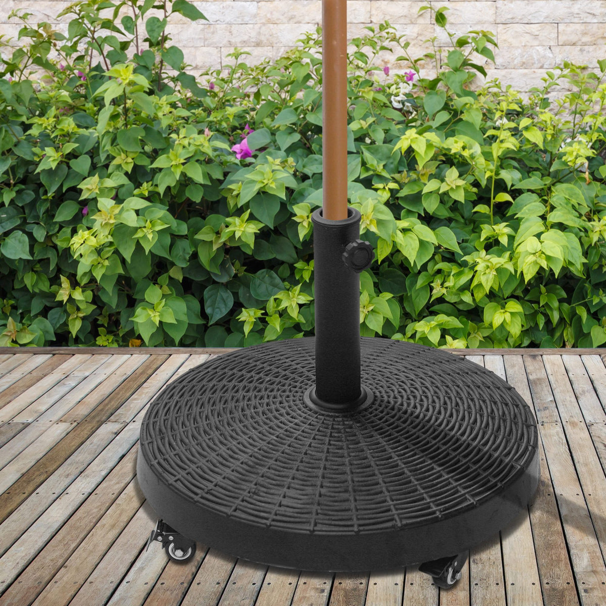 Outsunny 50 Lbs. Umbrella Base, 20.5", Round Heavy Duty Umbrella Stand With Wheels For 1.5" Or 2" Umbrella Poles, Patio Market Stand For Outdoor, Lawn, Deck, Poolside, Black Black Resin