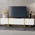 Luxury Fluted Tv Stand For Tvs Up To 80'', Modern Entertainment Center With Storage Cabinets & Drawers, Smooth Media Console With Golden Wood Grain Legs For Living Room, White White Primary Living Space 80 89 Inches Particle Board Mdf
