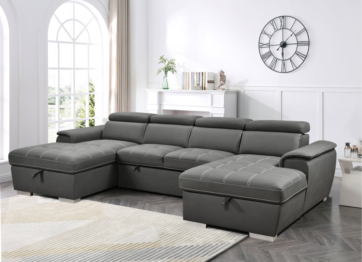 U Shaped Sleeper Sofa, 121 Inch Overisze 2 In 1 Pull Out Bed, Sectional Sleeper Sofa With Double Storage Chaise For Living Room Furniture, Charcoal Grey Light Brown Wood Primary Living Space Medium Duty Eucalyptus 6 Seat Charcoal Grey Polyester Soft