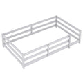 Twin Size Floor Bed, Montessori Floor Bed With Fence, Kids Montessori Bed Twin Size, Wood Montessori Floor Bed For Kids, Girls, Boys Gray Grey Wood Metal