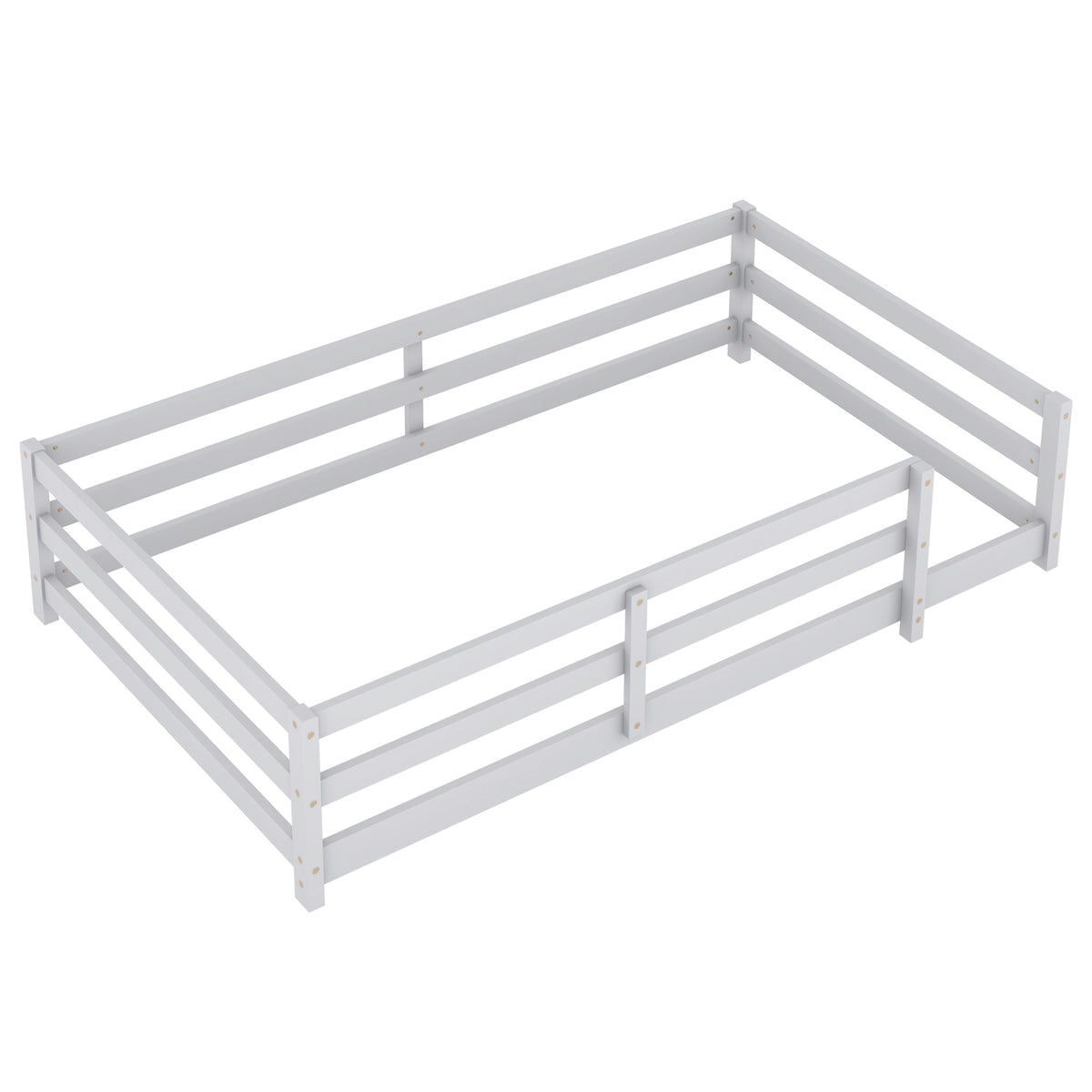 Twin Size Floor Bed, Montessori Floor Bed With Fence, Kids Montessori Bed Twin Size, Wood Montessori Floor Bed For Kids, Girls, Boys Gray Grey Wood Metal