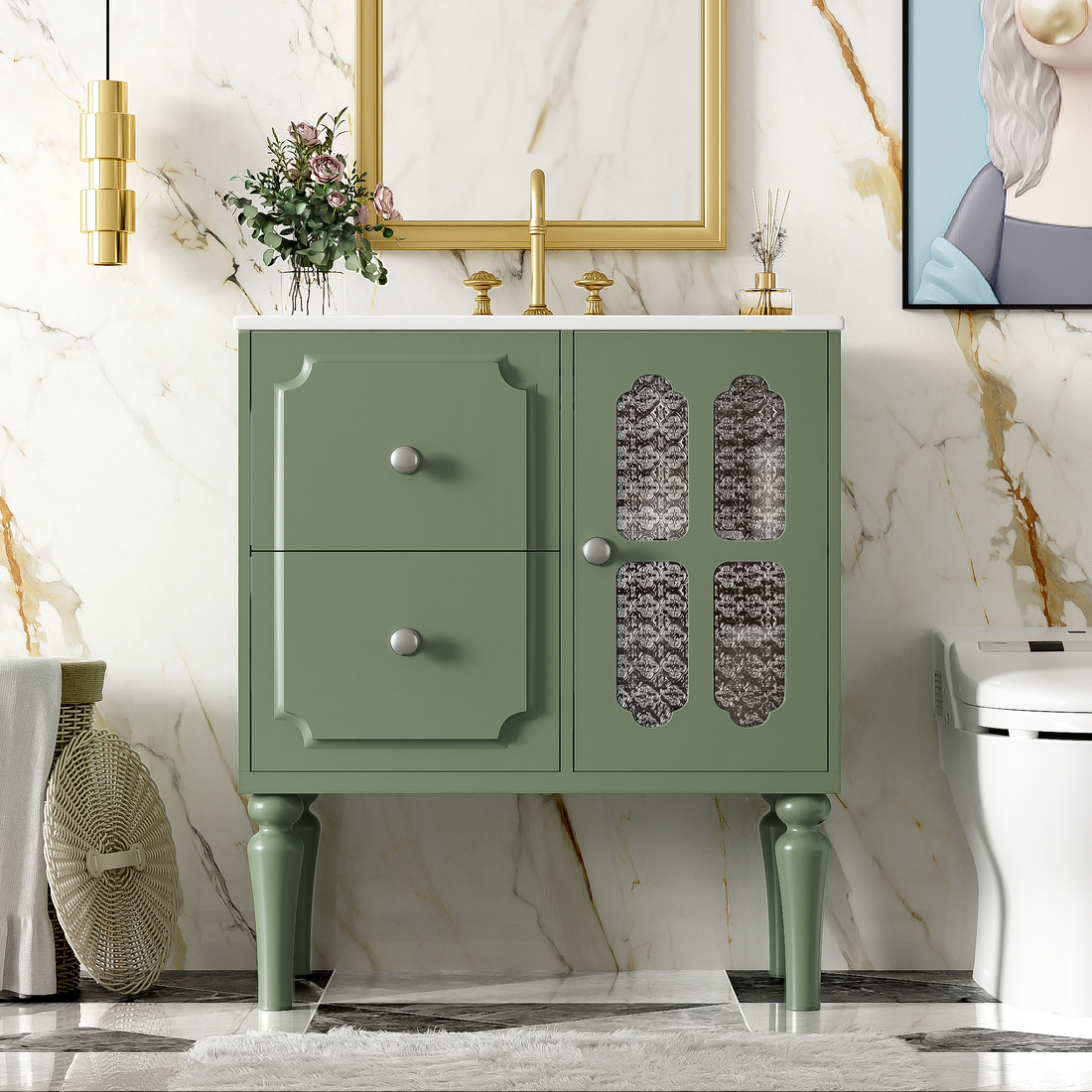 Retro Style 30'' Bathroom Vanity With Resin Sink Combo, Freestanding Single Vanity With 2 Drawers, Solid Wood Frame Bathroom Storage Cabinet, Green Green Bathroom Retro Solid Wood Mdf Resin