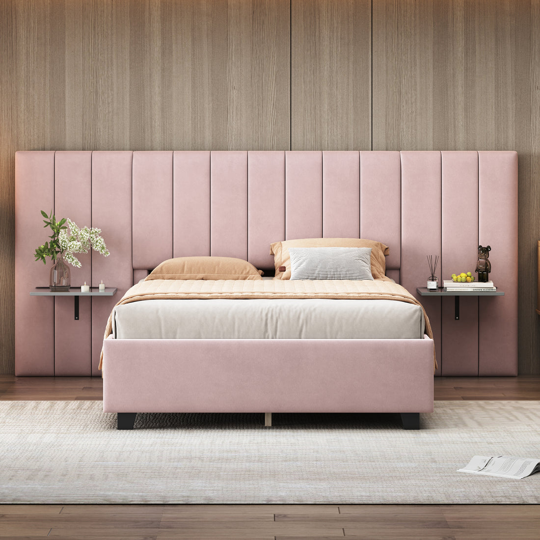 Full Size Upholstered Platform Bed With Big Headboard, Bedroom Furniture, Velvet, Pink Full Pink Plywood