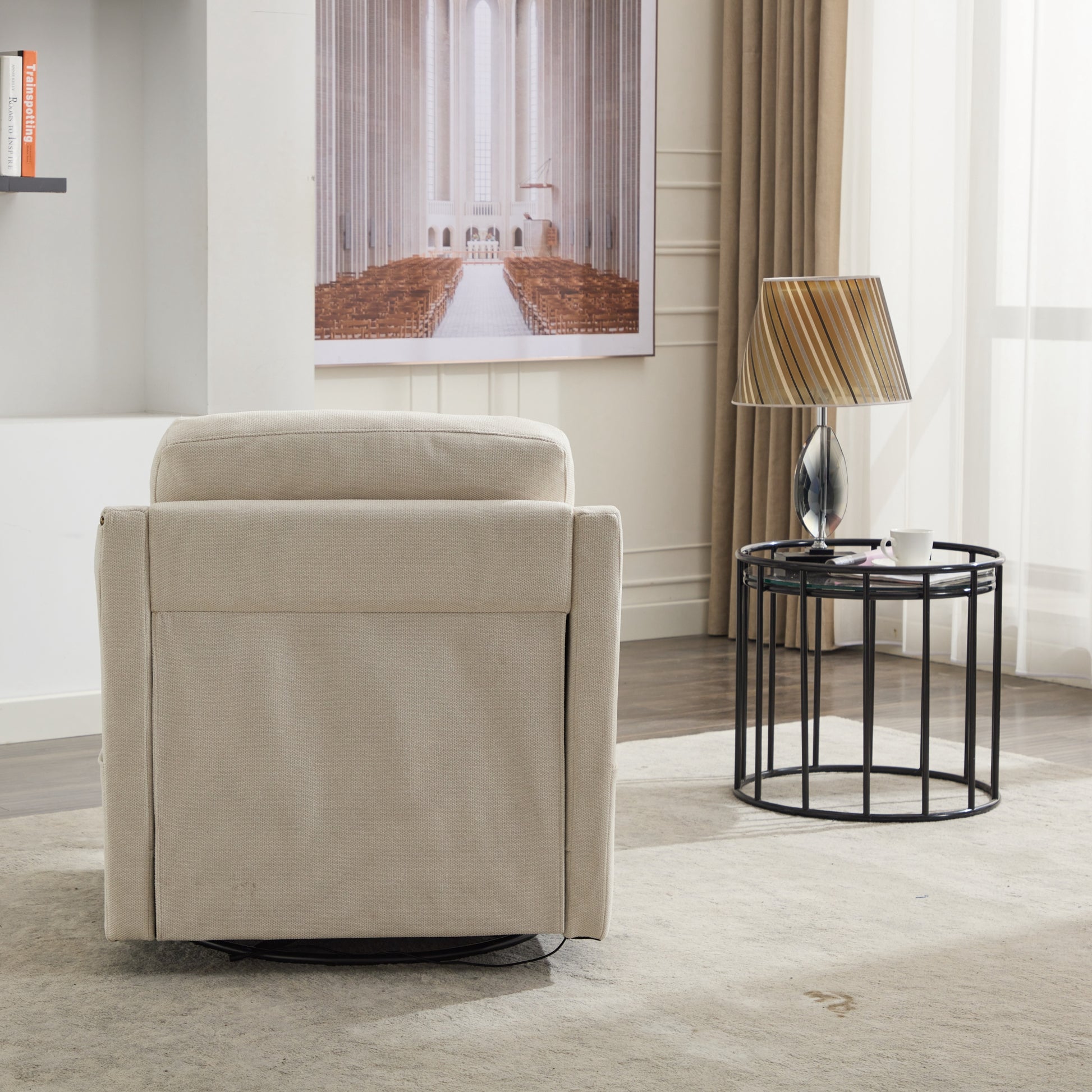 Cream White Fabric Swivel Rotating Accent Chair With Usb And Magazine Book For Living Room And Hotel Bed Room Cream White White Primary Living Space American Design,Classic,Modern Pine Foam Wood Fabric