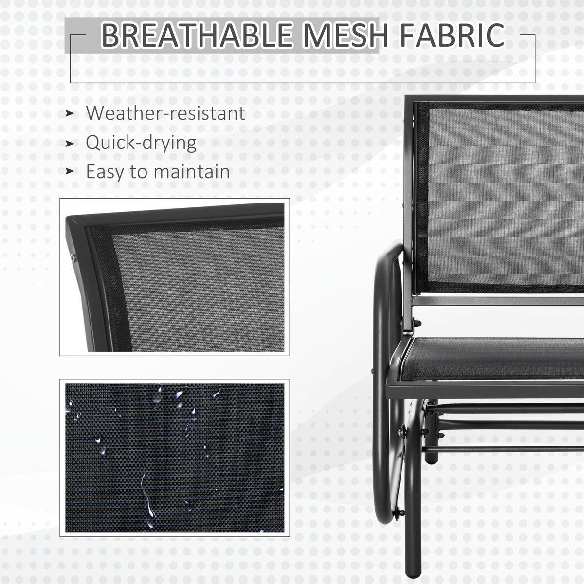 Outsunny Porch Glider, Metal Frame Swing Glider Chair Withmesh Fabric, Curved Armrests And Steel Frame For Garden, Poolside, Backyard, Balcony, Black Black Fabric Metal