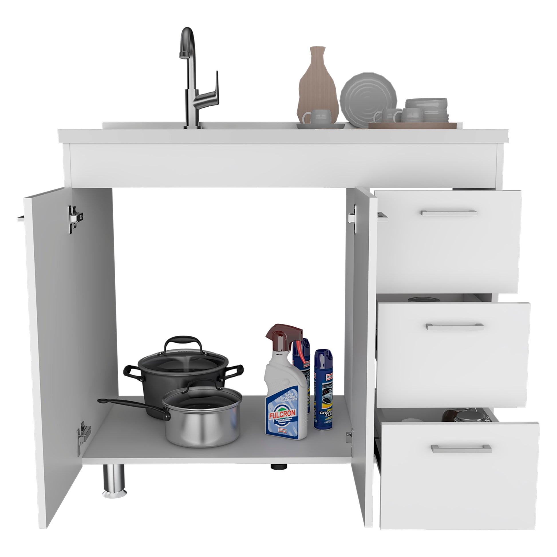 Base Double Door Cabinet, Three Drawers, White White Solid Wood Mdf Engineered Wood