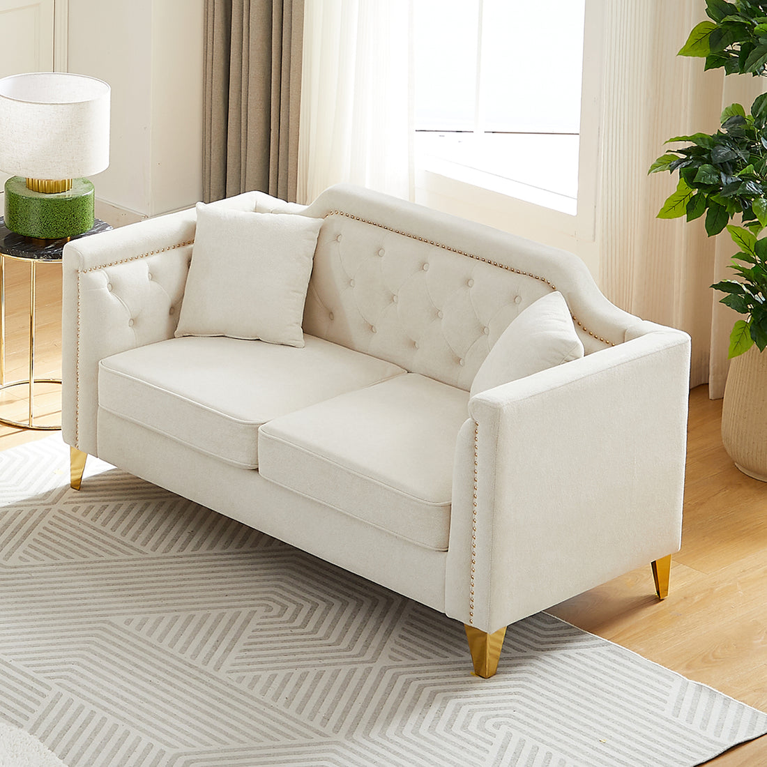 Fx 61.5"Mid Century Design Modern Sofa,Chenille Pull Buckle Design Sofa For Living Room,Buttons Tufted With Copper Nail Decoration Armrest, With 2 Pillows,Modern Couch Upholstered Button And Metal Leg Beige Chenille Wood Pine Foam Fabric 2 Seat