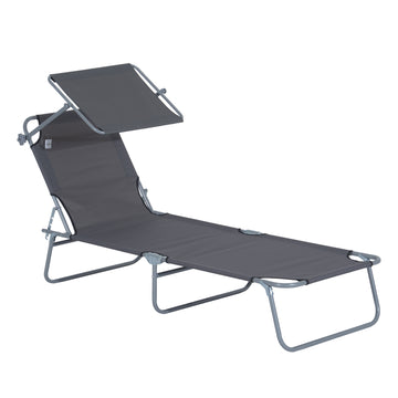 Outsunny Outdoor Lounge Chair, Adjustable Folding Chaise Lounge, Tanning Chair With Sun Shade For Beach, Camping, Hiking, Backyard, Gray Gray Steel