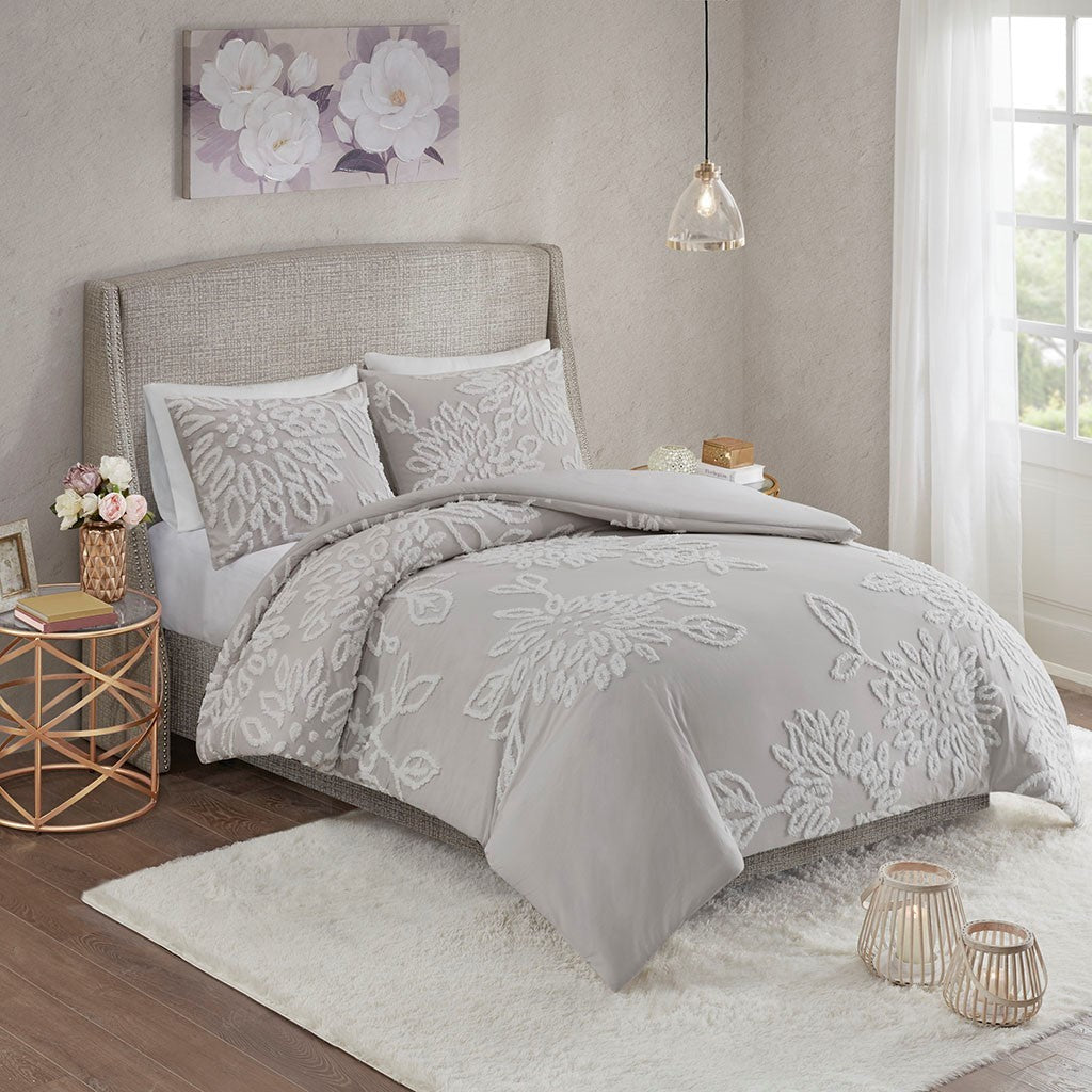 3 Piece Tufted Cotton Chenille Floral Duvet Cover Set King Grey Cotton