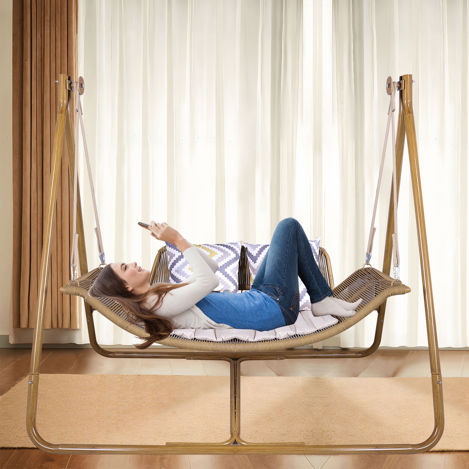 Hammock Swing Chair With Stand For Indoor,Outdoor, Anti Rust Wood Colored Frame 570 Lbs Capacity With Cushion Oversized Double Hammock Chair For Patio Balcony Bedroom Ban On Old W1132P155978 Gold Brown Rattan Metal