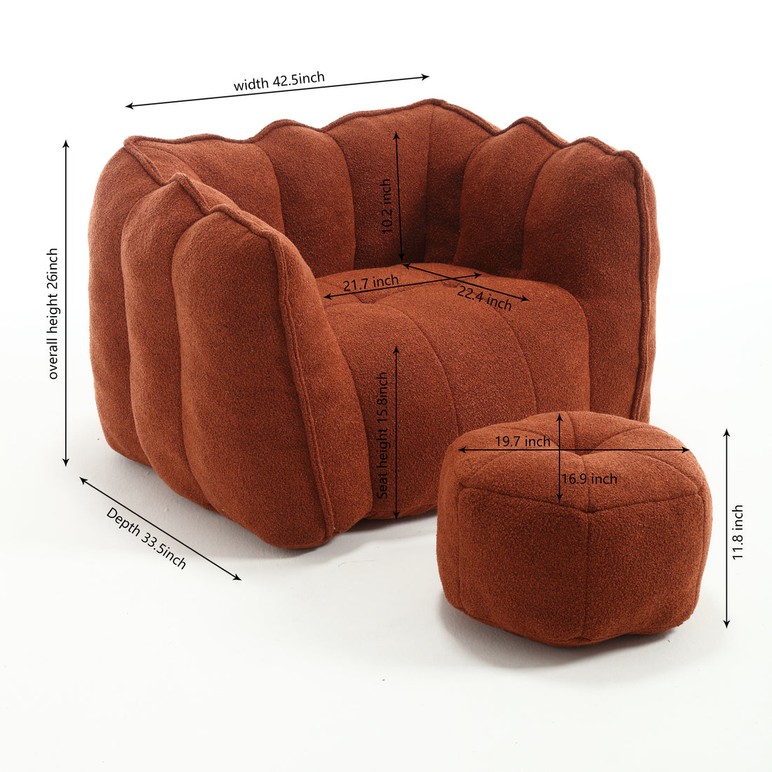 Soft Bean Bag Chair With High Resilient Foam Chips For Living Room And Bedroom,Comfortable Square Lazy Sofa With Footstool, Cover For Adults To Gaming, Reading, And Watching Tv Red Brown Chenille