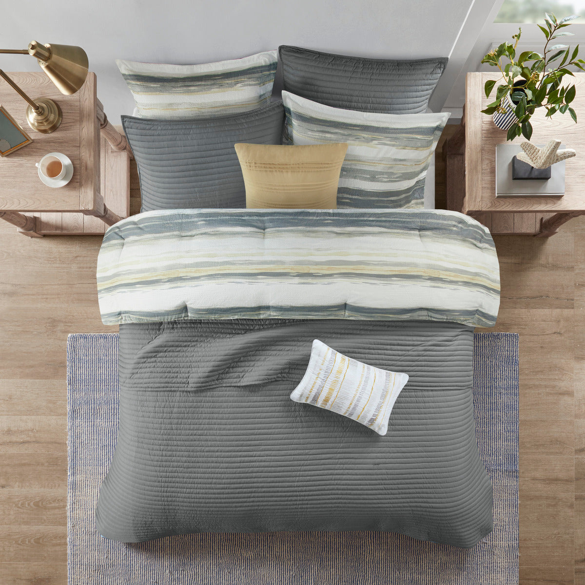 8 Piece Printed Seersucker Comforter And Quilt Set Collection Yellow King Cal King King Yellow Polyester