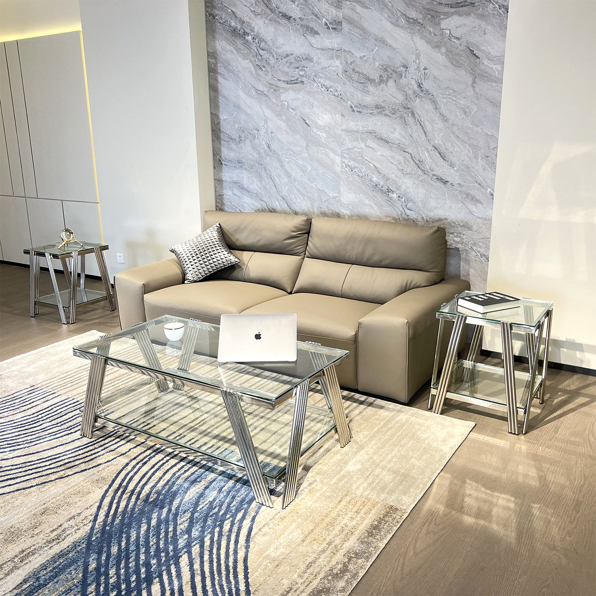 Modern Stainless Steel Coffee Table Set Set Of 3 , Double Layer Clear Tempered Glass Table Top, Coffee Table & Two End Side Table 3 Pieces Sets For Living Room Home Office, Silver Clear,Silver