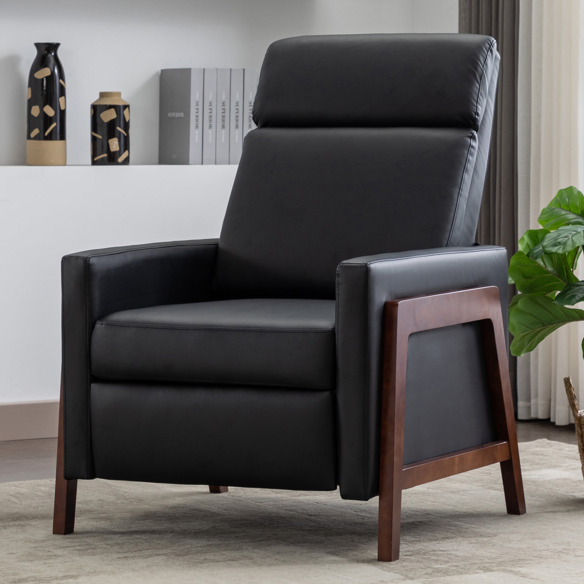 Set Of Two Wood Framed Pu Leather Recliner Chair Adjustable Home Theater Seating With Thick Seat Cushion And Backrest Modern Living Room Recliners, Black Black Pu Pu