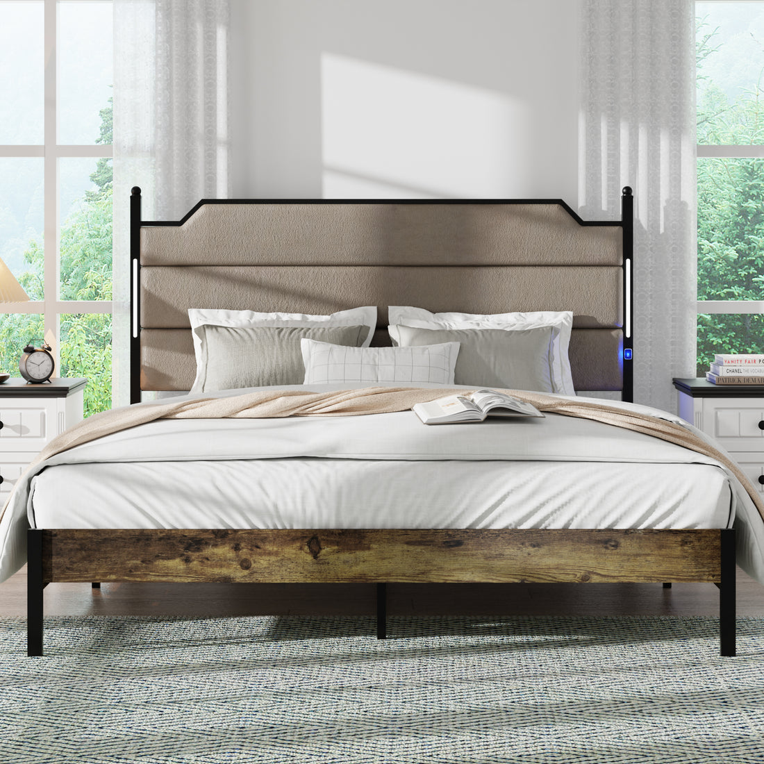 King Size Bed Frame With Upholstered Headboardqueen Bed Frame With Charging Station And Led Lights, Wood Slats, Easy Assembly,No Box Spring Needed,Industrial Brown Box Spring Not Required King Brown Metal Bedroom Bed Frame Mdf Metal