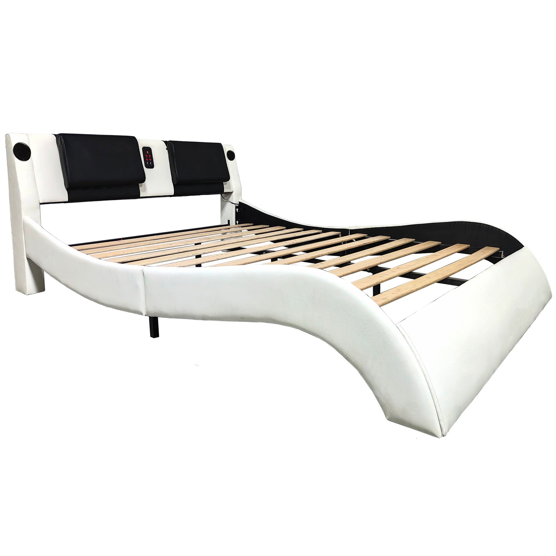 Faux Leather Upholstered Platform Bed Frame With Led Lighting, Bluetooth Connection To Play Music Control, Backrest Vibration Massage, Curve Design, Wood Slat Support, Exhibited Speakers,King Size Box Spring Not Required King White Mdf