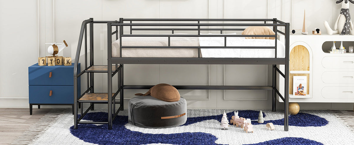 Mid Loft Bed With Storage Stairs, Twin, Black Twin Black Mdf Metal