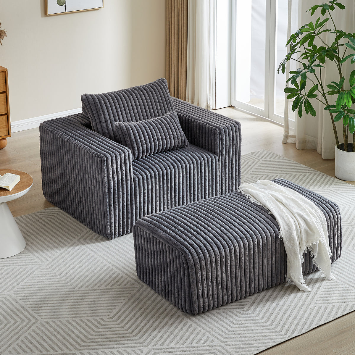 62.5 Inch Corduroy Sponge Sofa Lounge Chair With Removable Footrest,No Assembly Required,Fluffy Modern Sleeper Chair For Indoor Living Room Bedroom Grey Foam Corduroy 1 Seat