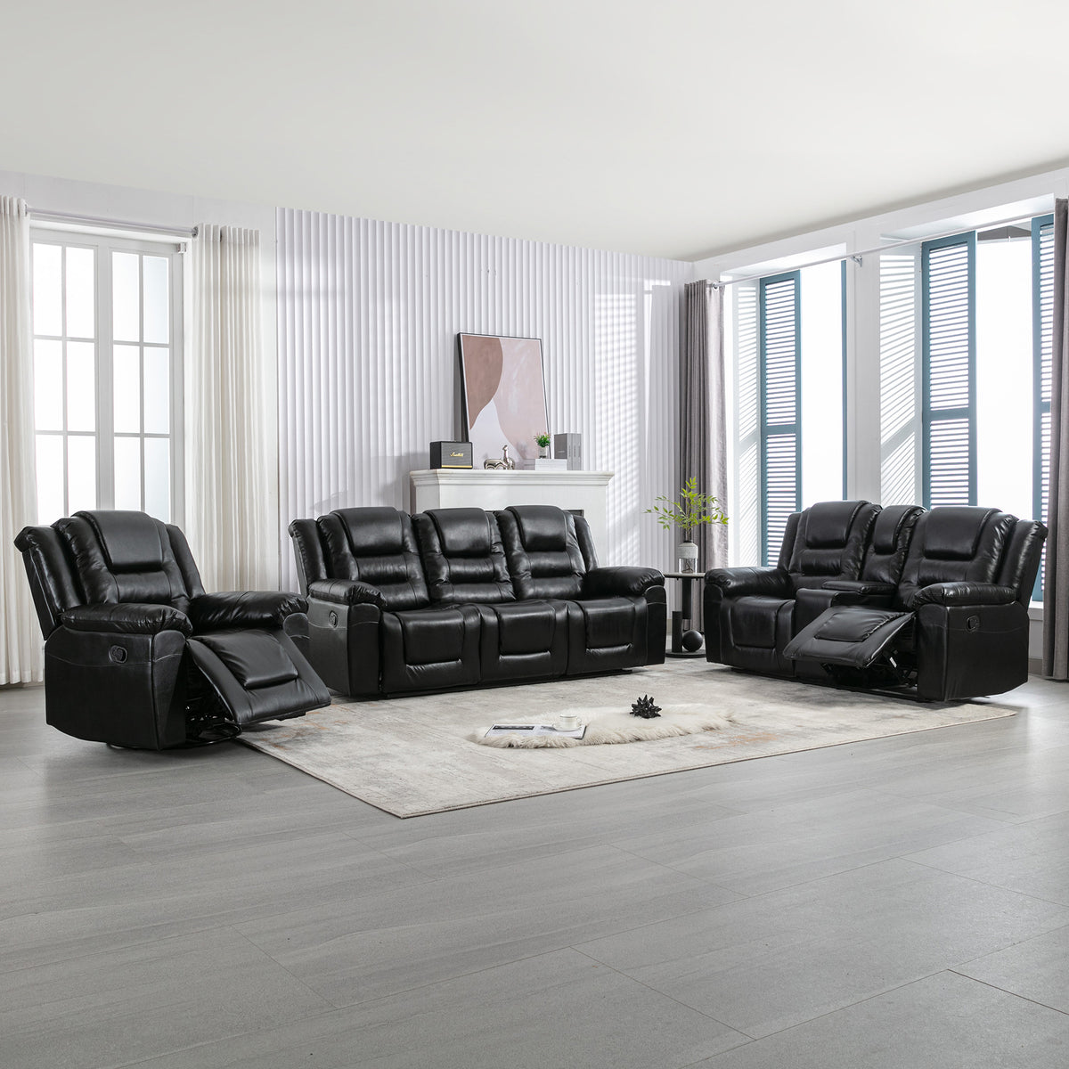 Home Theater Recliner Set Manual Recliner Chair With Wide Armrest, Two Built In Cup Holders For Living Room,Bedroom, Black Old Sku:Sg000760Aab Black Foam Pu Leather