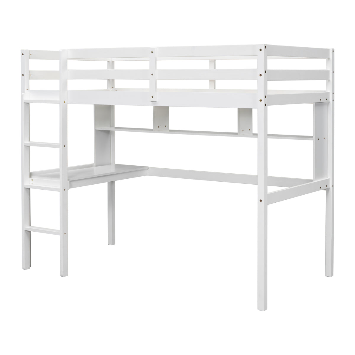 Twin Loft Bed With Built In Desk And Bookcase Of Three Compartments, Guardrails And Ladder,White Twin White Pine