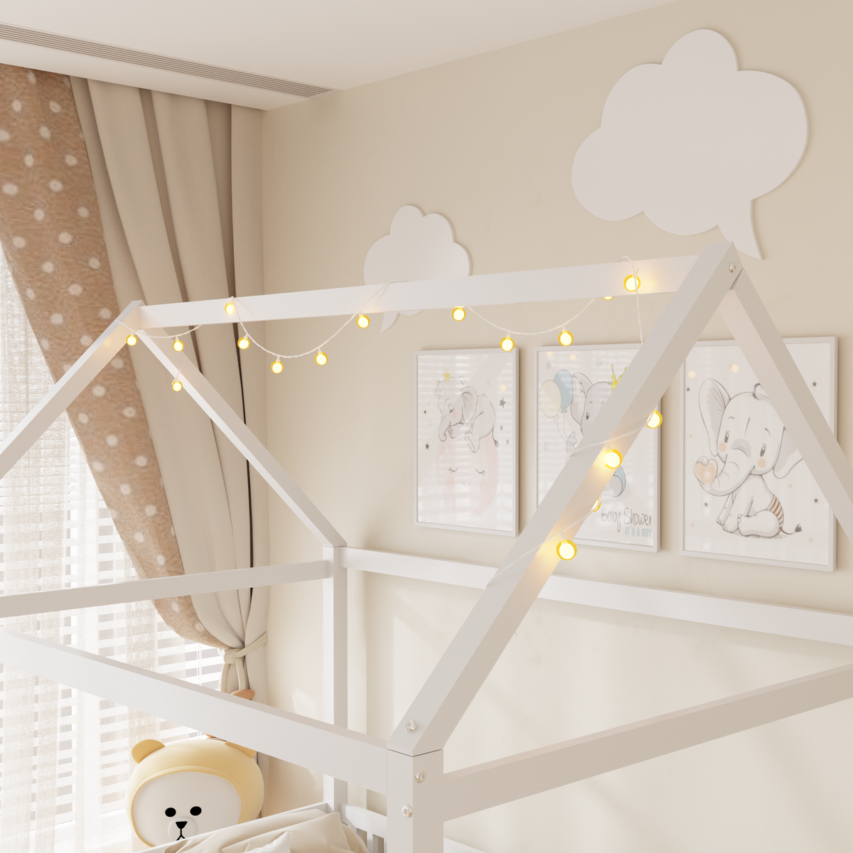 Wood Full Size House Bed With Guardrail And Led, White Box Spring Not Required Full White Wood Bedroom Solid Wood Mdf
