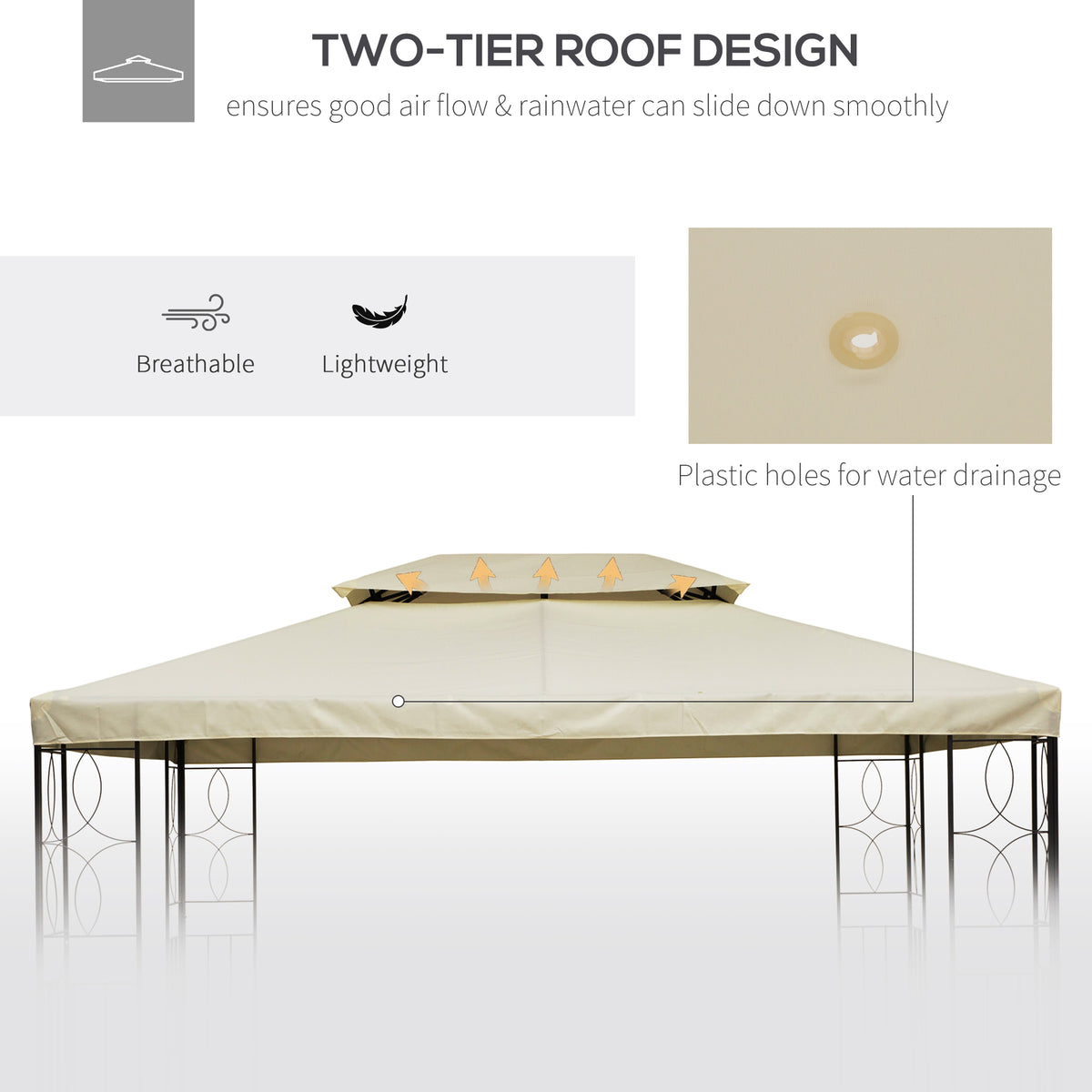 Outsunny 13' X 10' Gazebo Replacement Canopy, 2 Tier Top Uv Cover For 9.84' X 9.84' Outdoor Gazebo, Cream White Top Only Cream White Polyester