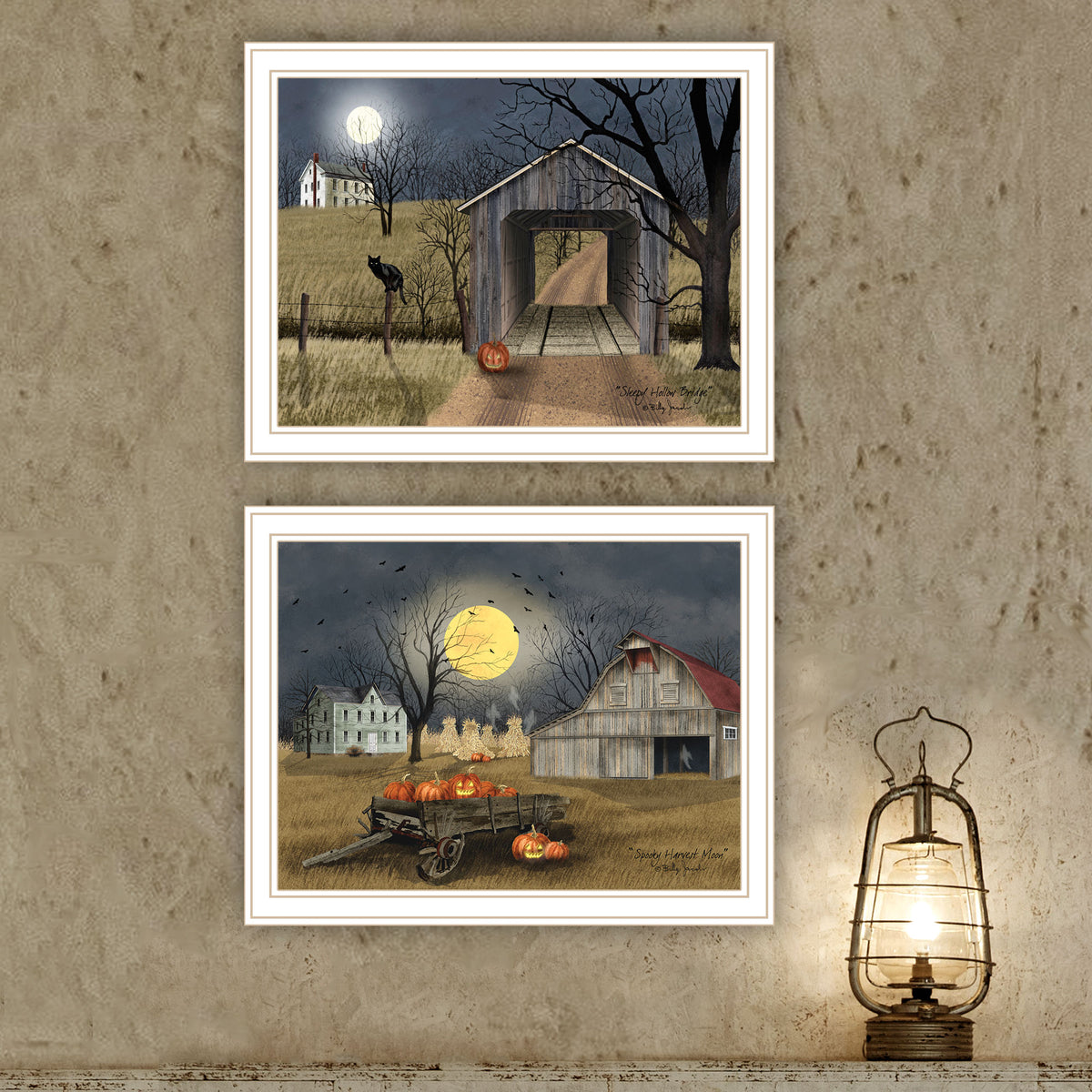 2 Piece Vignette Halloween Season In The Country White Framed Wall Art For Living Room, Bedroom Wall Art Print For Home Decor By Billy Jacobs Multicolor Wood Paper