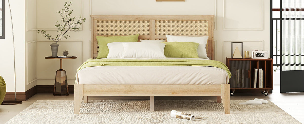 Queen Size Rubber Wooden, Solid Wooden Bed With Rattan Headboard, Enhanced By Support Feet Queen Natural American Design Rubber Wood