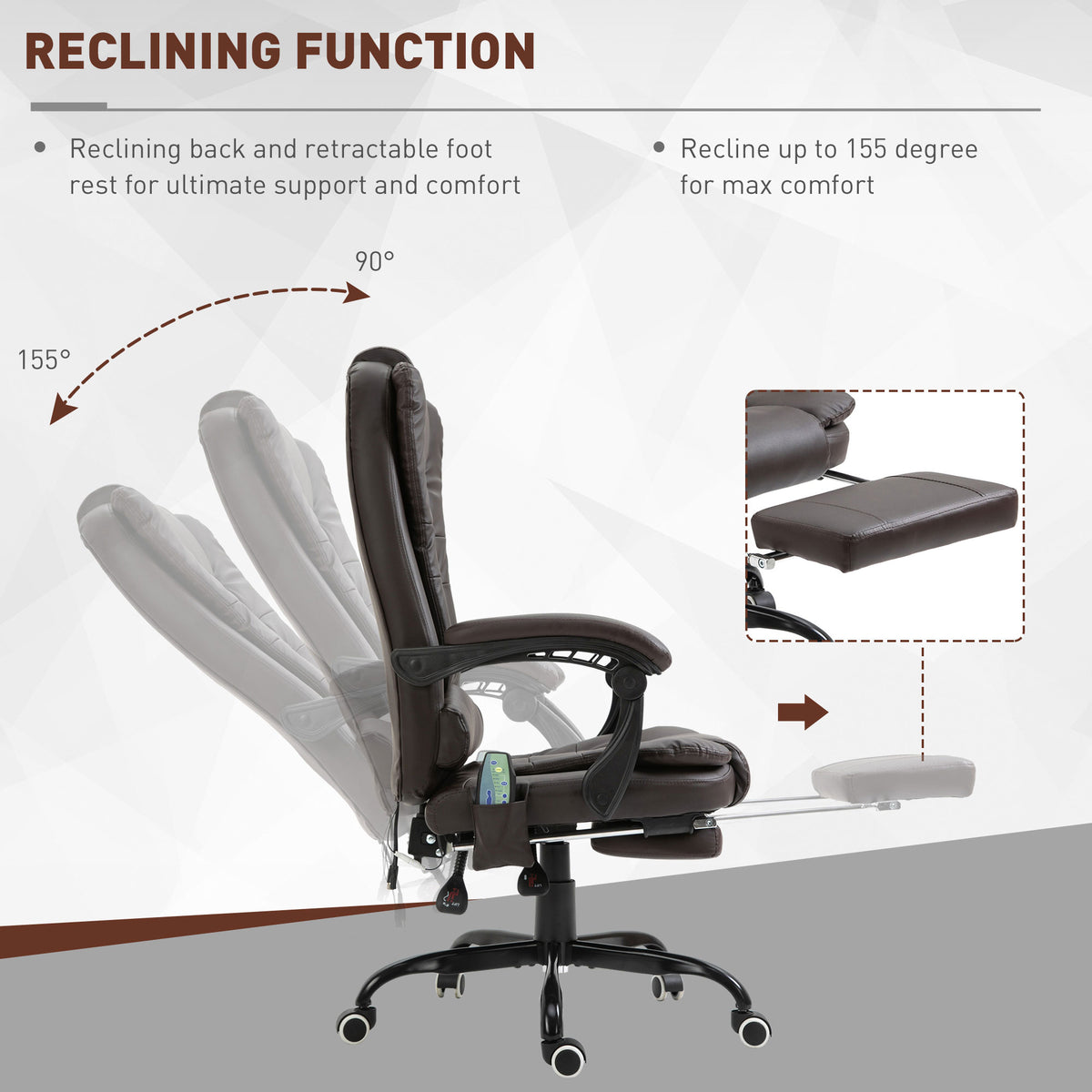Vinsetto 7 Point Vibrating Massage Office Chair, High Back Executive Recliner With Lumbar Support, Footrest, Reclining Back, Adjustable Height, Brown Brown Faux Leather