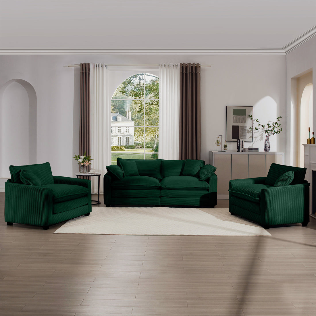 Warm And Cozy Sofa Set With Soft Cushions And Pillows, Home Theater Style Sofa Set Consisting Of One 2 Seater Sofas And Two Single Sofa In Green Corduroy Fabric Green Corduroy 4 Seat