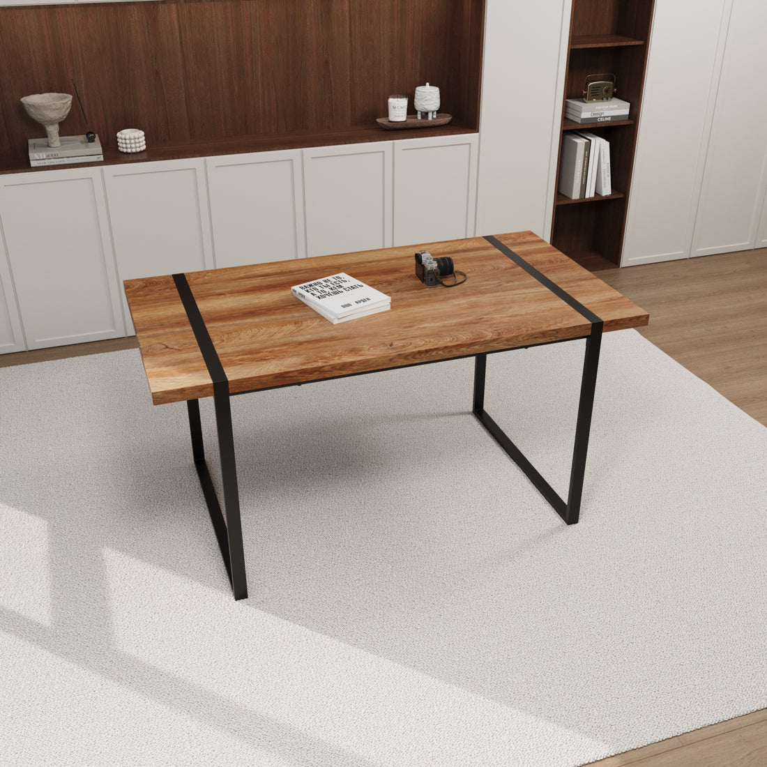 59 "Rural Industrial Rectangular Mdf Natural Wood Dining Table, 4 6 People, 1.5" Thick Engineering Wood Tabletop And Black Rectangular Metal Legs, Used For Writing Desks, Kitchens, Terraces Wood Kitchen Mdf