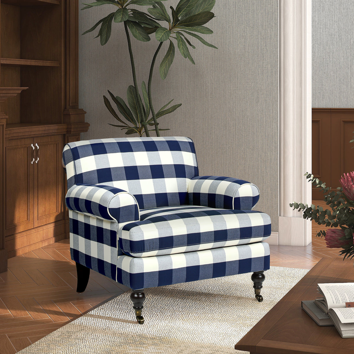 Alana 38" Lawson Accent Arm Chair Metal Casters, Blue Lattice Woven Blue Plaid Foam Fabric