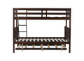 Twin Over Full Rubber Wood Bunk Bed With Trundle, Convertible Ladder And Guardrail, Detachable, Convertible Bed, With Twin Size Trundle ,Espresso Twin Espresso Rubber Wood