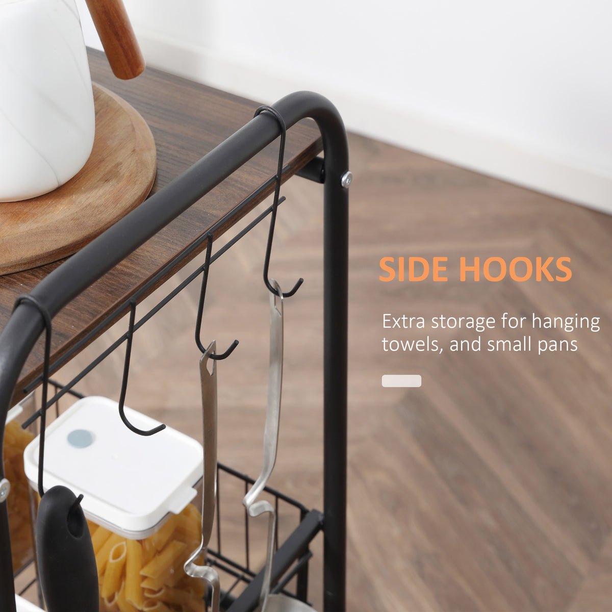 Homcom 3 Tier Rolling Kitchen Cart With Storage, Kitchen Island Cart On Wheels With 2 Sliding Fruit Basket, Microwave Cart With Side Hooks For Dining Room, Walnut Walnut Mdf Metal