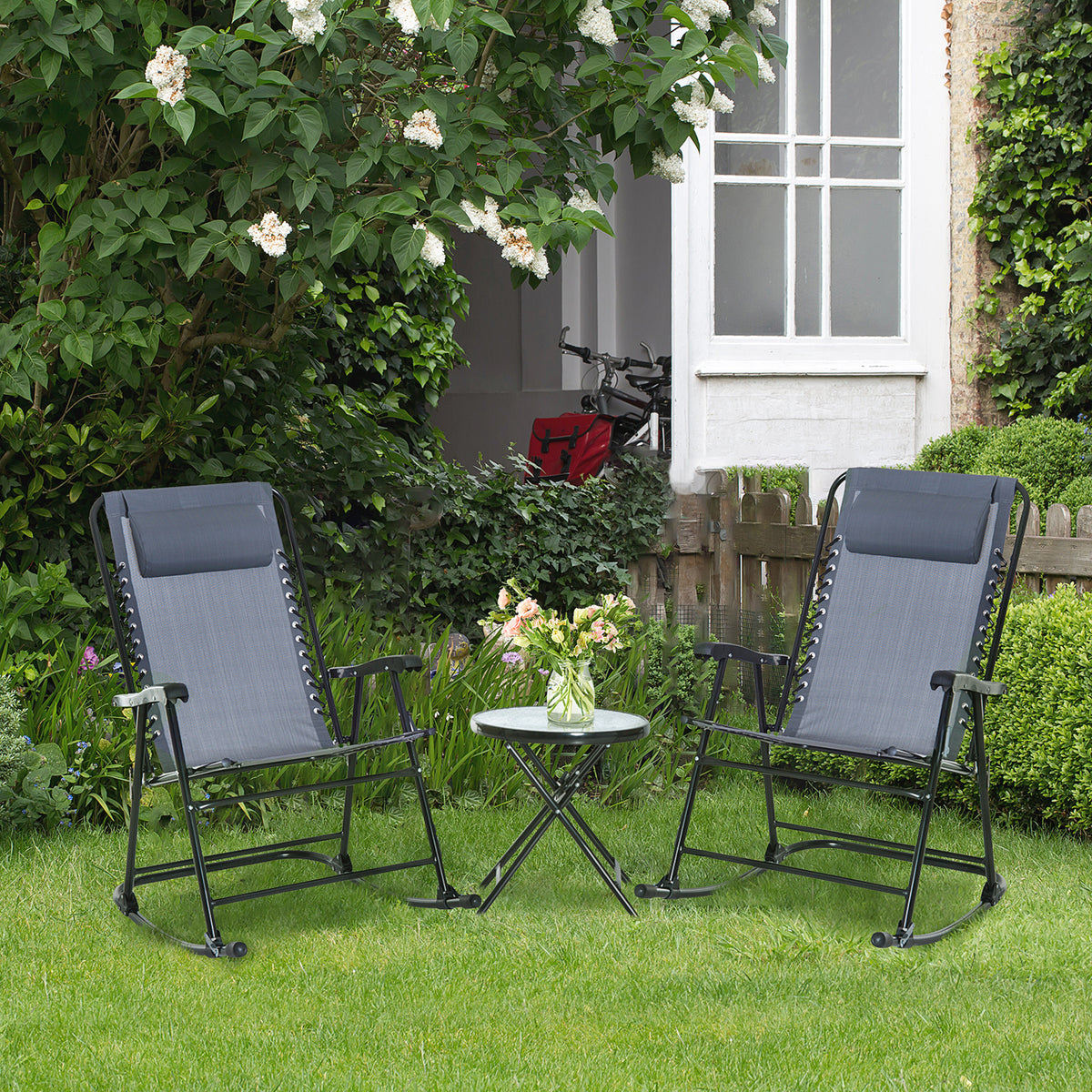 Outsunny 3 Piece Outdoor Rocking Bistro Set, Patio Folding Chair Table Set With Glass Coffee Table For Yard, Patio, Deck, Backyard, Grey Grey Fabric