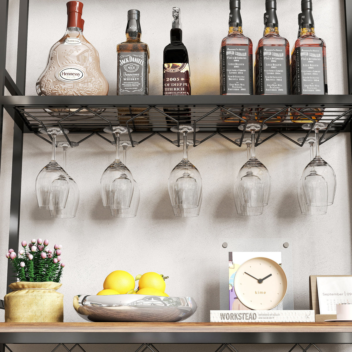 Industrial Wine Rack Bar Table, 3 Tier Liquor Bottle And Glass Holder With Storage Shelves, Metal And Wood Wine Organizer For Home Kitchen, Dining Room, And Living Room Black Brown Kitchen American