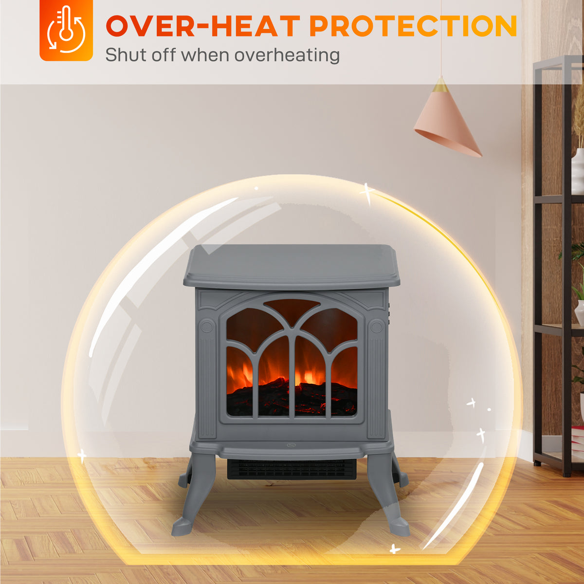 Homcom 17" Freestanding Electric Fireplace Stove, Fire Place Heater With Realistic Logs And Flame Effect And Overheat Protection, 750W 1500W, Gray Gray Plastic