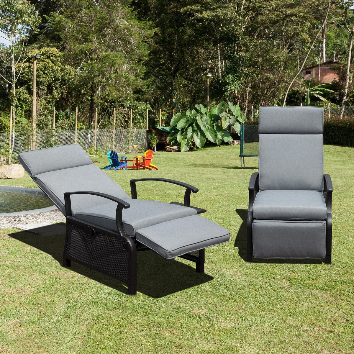 Adjustable Patio Recliner Chair Metal Outdoor Lounge Chair With Flip Table Push Back, Adjustable Angle, 6.8'' Removable Cushions, Support 350Lbs,Gray Yes Gray Garden & Outdoor Metal