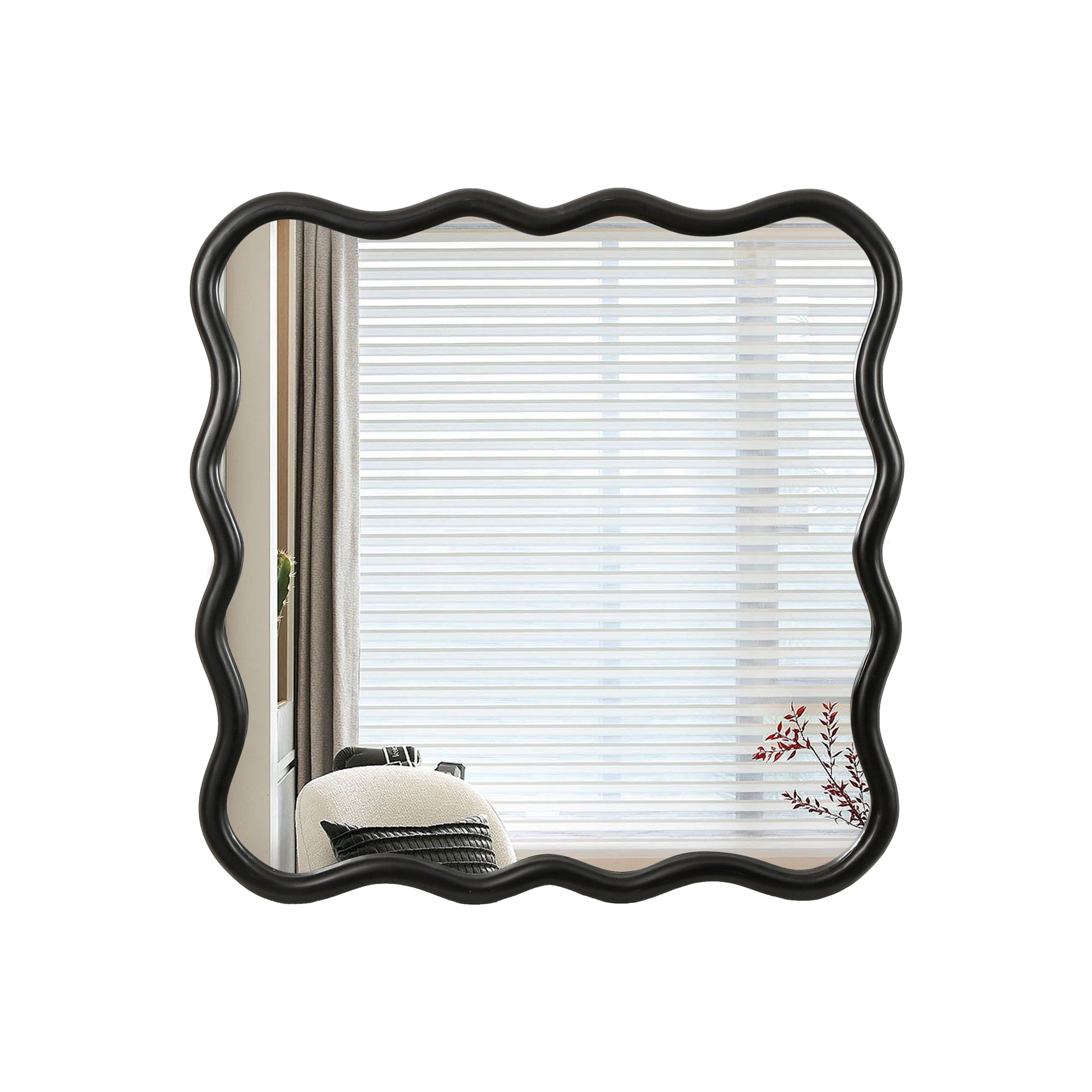 Solid Wood Wavy Square Mirror Black 36" X 36" Modern Mirror Wall Decor For Bathroom, Bedroom, Living Room, Dining Room, Cloakroom, Entryway Black Glass Solid Wood