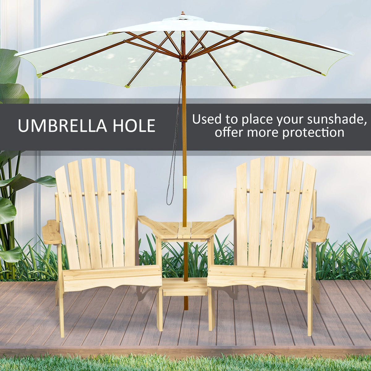 Outsunny Wooden Adirondack Chair For Two, Outdoor Fire Pit Chair Set With Table & Umbrella Hole, Patio Chairs For Deck Lawn Pool Backyard, Natural Natural Wood
