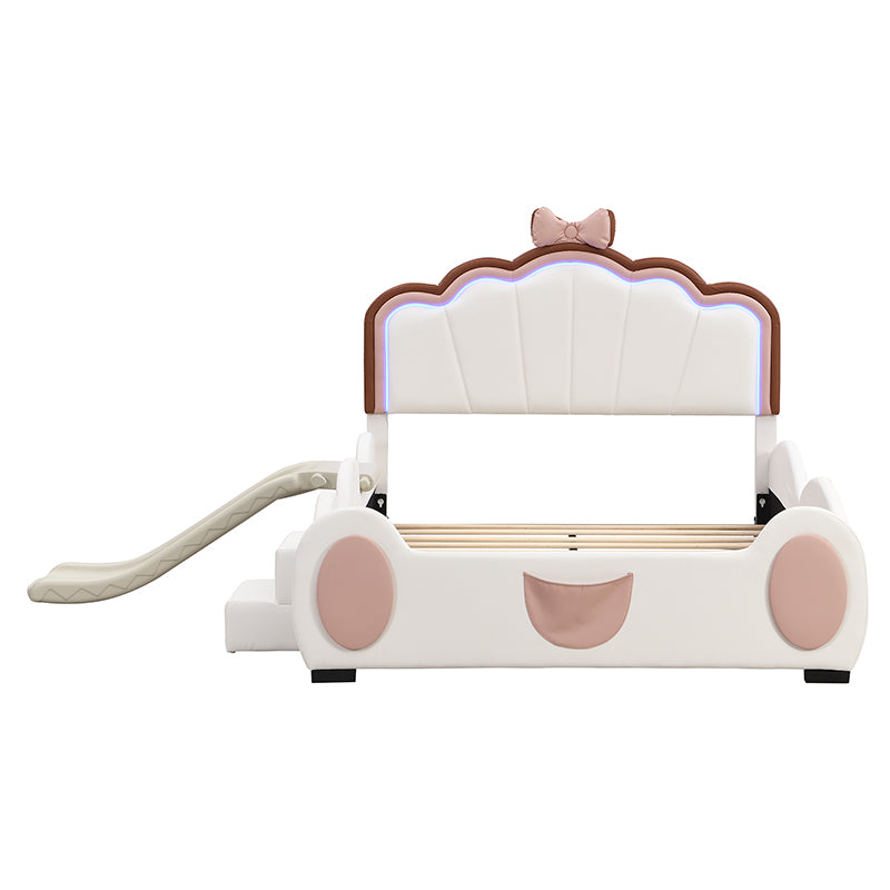 Full Size Upholstered Led Light Platform Bed With Shell Headboard And Children'S Slide, Pink Box Spring Not Required Full Pink White Wood Bedroom Bed Frame Faux Leather Upholstered